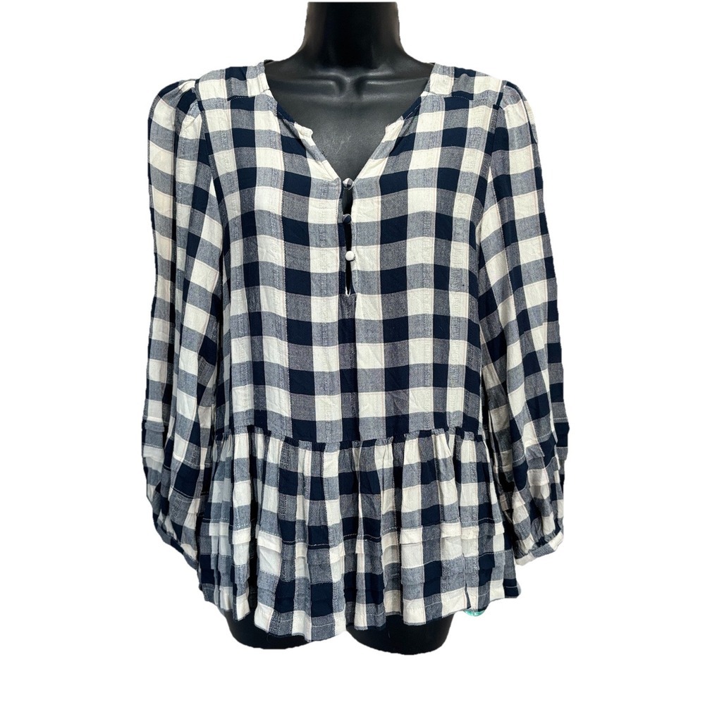 American Eagle Blue/White Plaid Buttons Tiered Long Sleeve Size S Flowy Ruffles